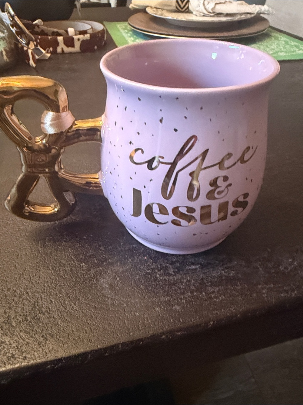 Coffee & Jesus Lavender Ceramic Mug with Gold Handle